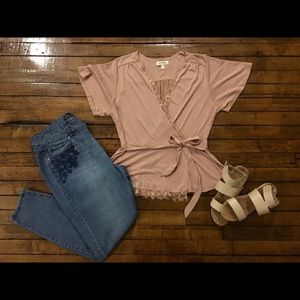 Blush pink short sleeve tie waist blouse lace trim